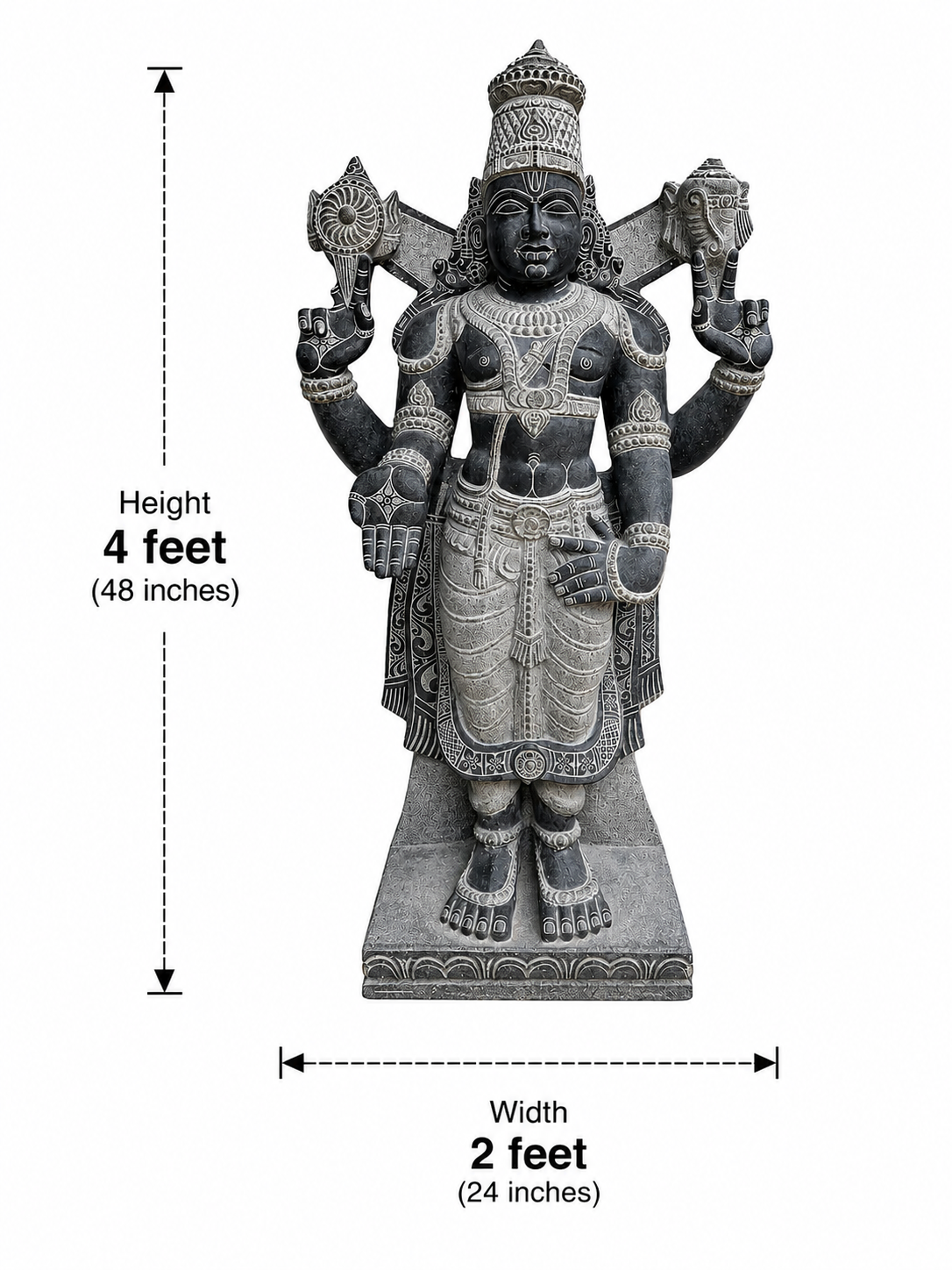 Dimension guide for a hand-carved 4 ft Vishnu Perumal statue in polished Charnockite black stone on a white background.