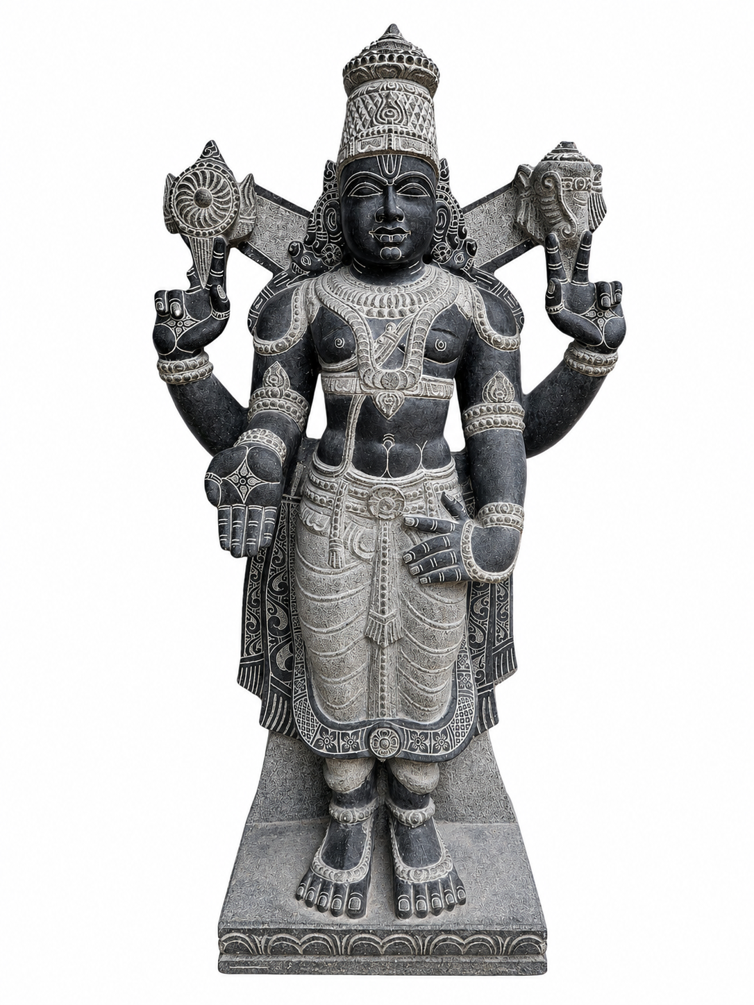 Hand-carved 4 ft Vishnu statue in natural stone, product view 1 highlighting the sculpture and carved details.