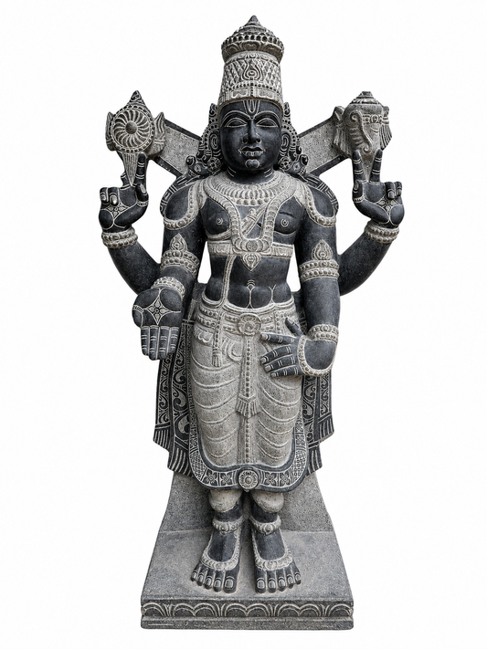 Hand-carved 4 ft Vishnu statue in natural stone, product view 1 highlighting the sculpture and carved details.