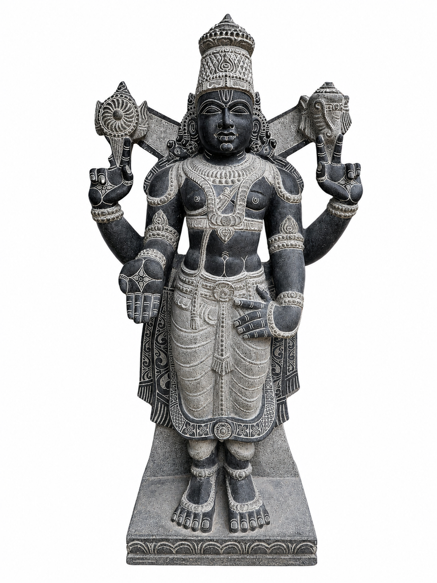 Hand-carved 4 ft Vishnu statue in natural stone, product view 1 highlighting the sculpture and carved details.