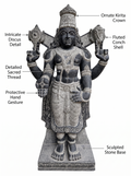 Hand-carved 4 ft Vishnu statue in natural stone, product view 2 highlighting the sculpture and carved details.