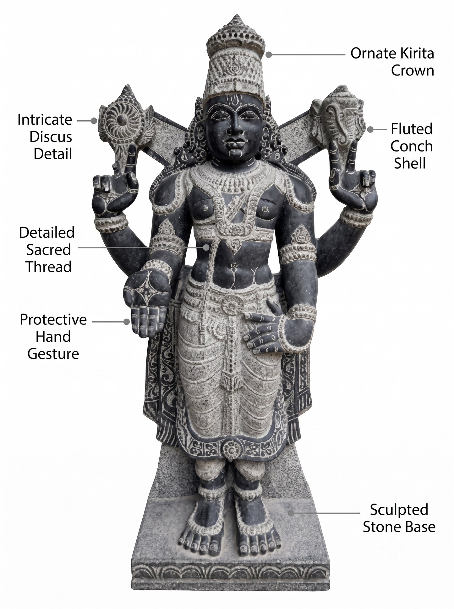Hand-carved 4 ft Vishnu statue in natural stone, product view 2 highlighting the sculpture and carved details.