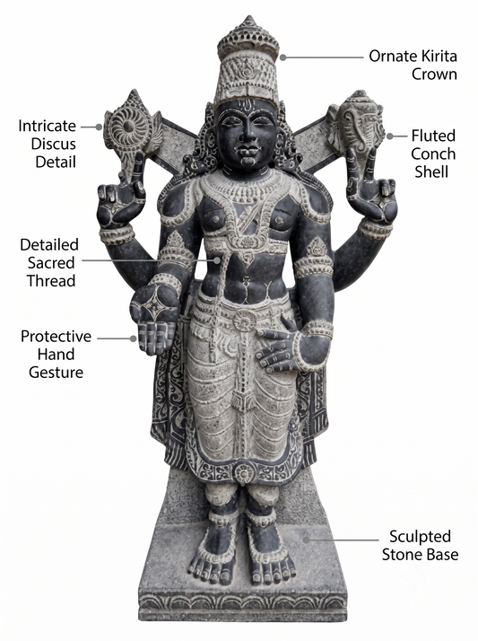 Hand-carved 4 ft Vishnu statue in natural stone, product view 2 highlighting the sculpture and carved details.