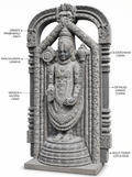 Hand-carved 5.3 ft Lord Venkateswara with Temple Arch Statue in natural Charnockite stone, product view 2 showing the sculpture and carved details.