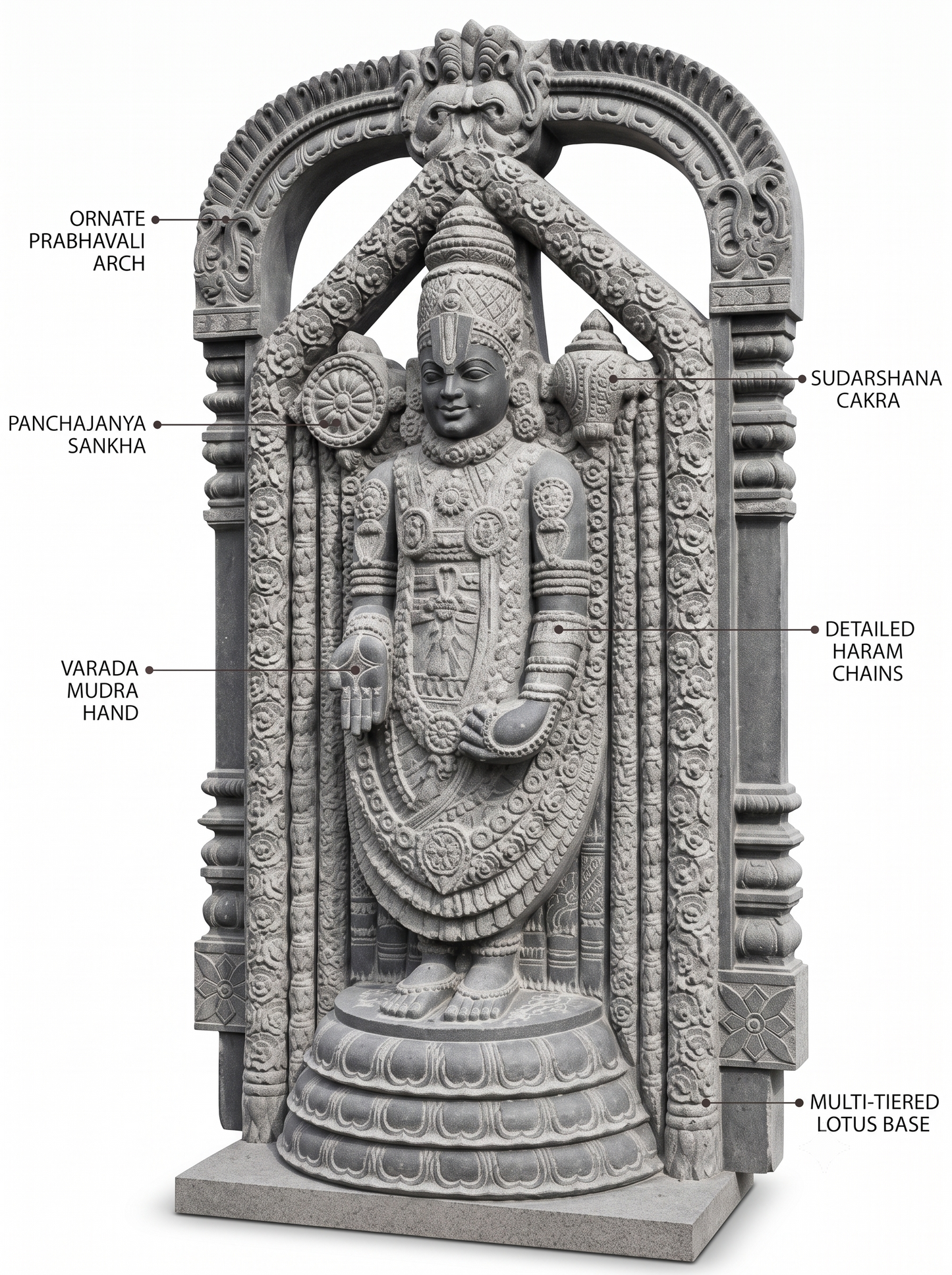 Hand-carved 5.3 ft Lord Venkateswara with Temple Arch Statue in natural Charnockite stone, product view 2 showing the sculpture and carved details.
