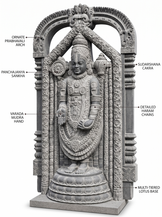 Hand-carved 5.3 ft Lord Venkateswara with Temple Arch Statue in natural Charnockite stone, product view 2 showing the sculpture and carved details.