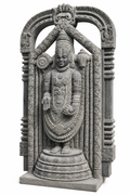 Hand-carved 5.3 ft Lord Venkateswara with Temple Arch Statue in natural Charnockite stone, product view 3 showing the sculpture and carved details.