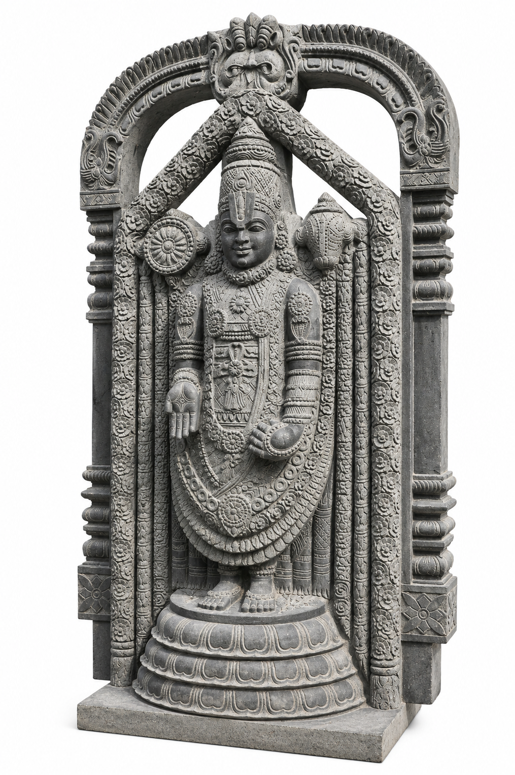 Hand-carved 5.3 ft Lord Venkateswara with Temple Arch Statue in natural Charnockite stone, product view 3 showing the sculpture and carved details.