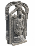Hand-carved 5.3 ft Lord Venkateswara with Temple Arch Statue in natural Charnockite stone, product view 4 showing the sculpture and carved details.