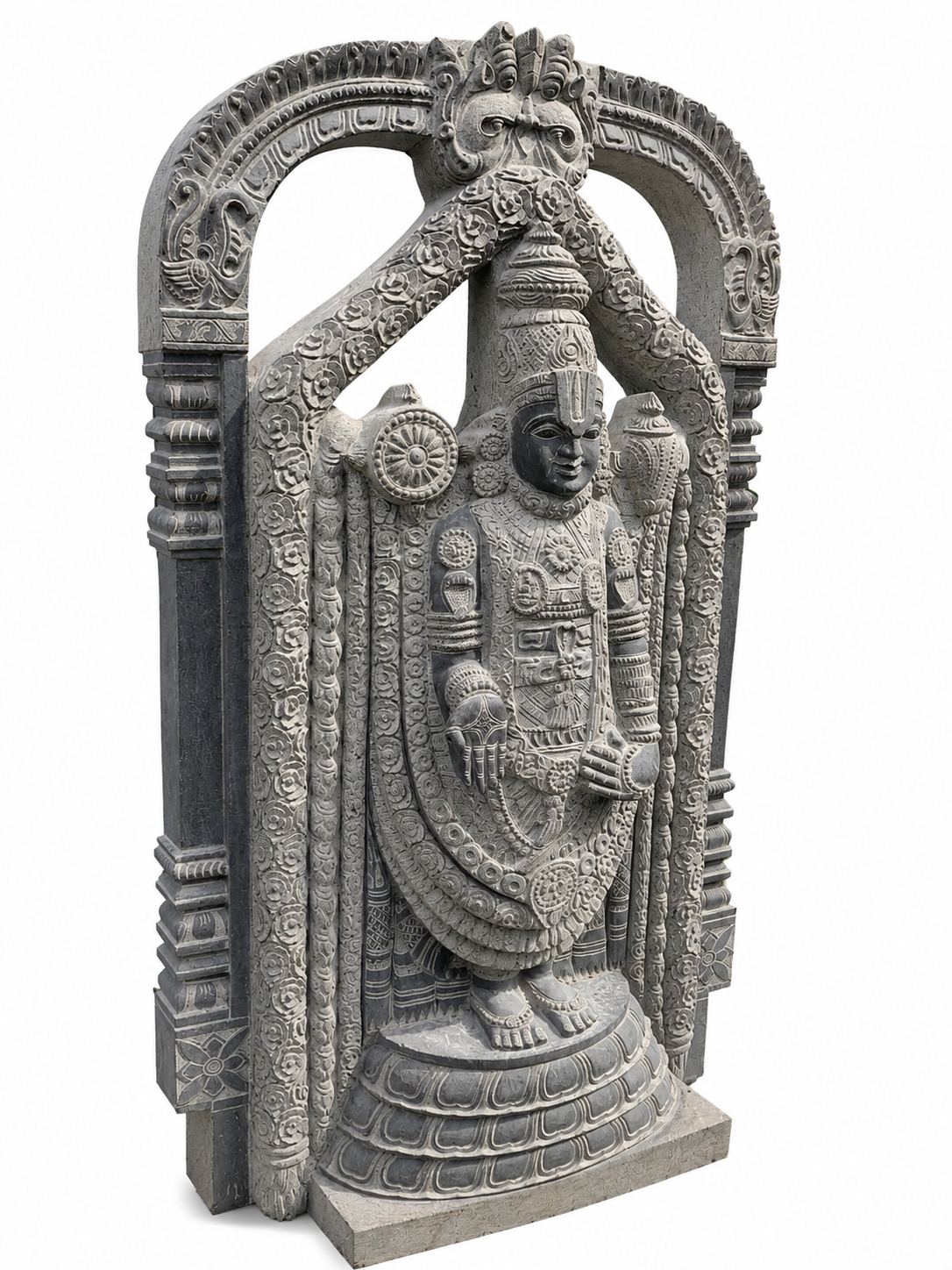 Hand-carved 5.3 ft Lord Venkateswara with Temple Arch Statue in natural Charnockite stone, product view 4 showing the sculpture and carved details.