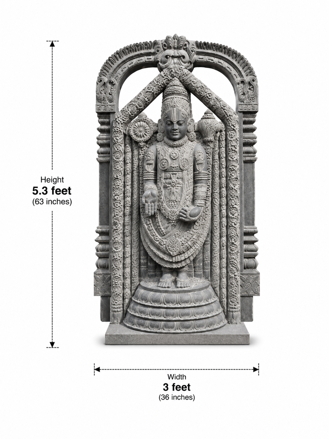 Hand-carved 5.3 ft Lord Venkateswara with Temple Arch Statue in natural Charnockite stone, product view 5 showing the sculpture and carved details.