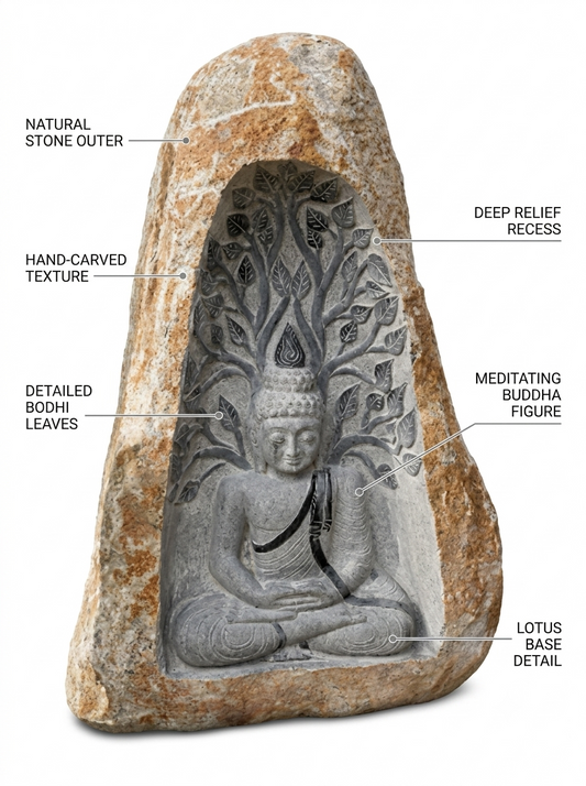 Hand-carved 5.6 ft Buddha Beneath the Bodhi Tree Statue in natural Charnockite stone, product view 2 showing the sculpture and carved details.