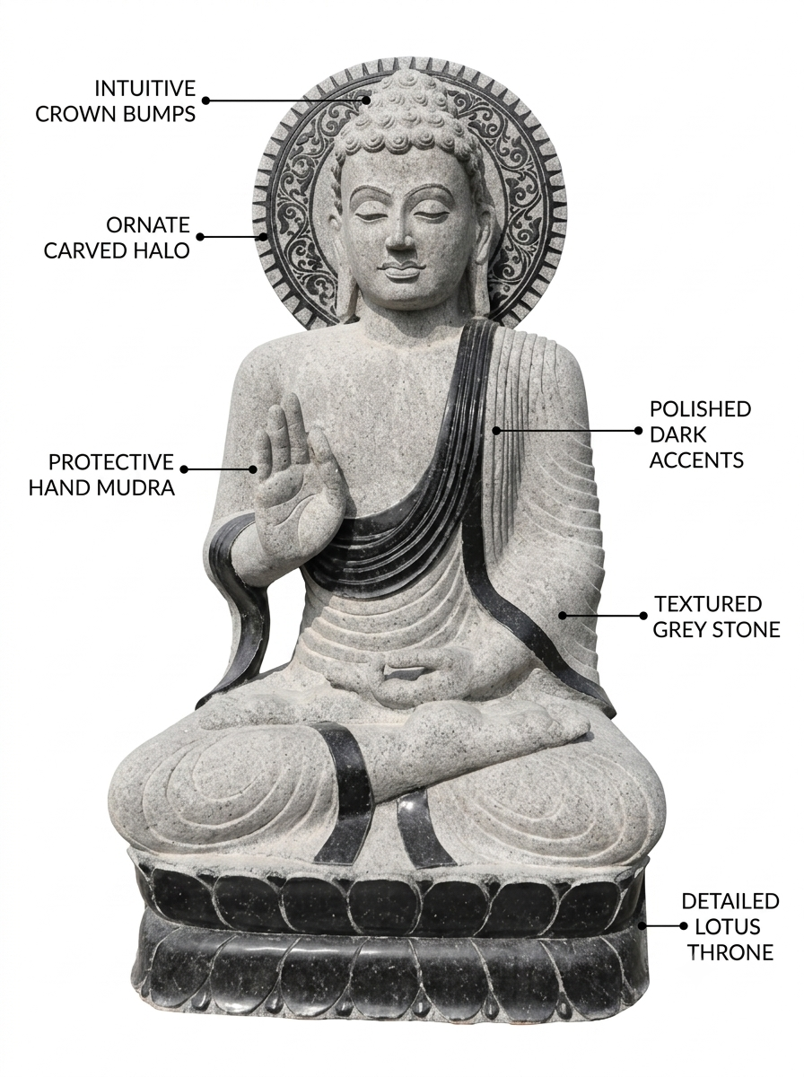 Hand-carved 5.9 ft Grand Meditating Buddha with Radiant Halo in natural Charnockite stone, product view 2 showing the sculpture and carved details.