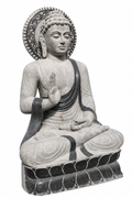 Hand-carved 5.9 ft Grand Meditating Buddha with Radiant Halo in natural Charnockite stone, product view 3 showing the sculpture and carved details.