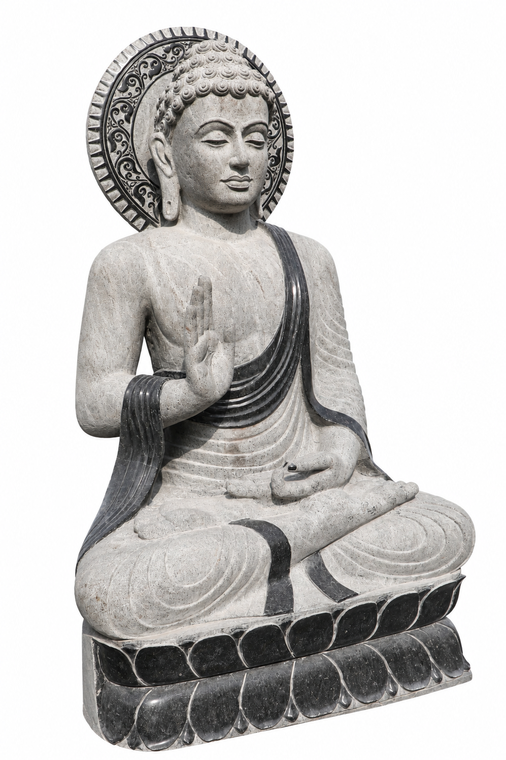 Hand-carved 5.9 ft Grand Meditating Buddha with Radiant Halo in natural Charnockite stone, product view 3 showing the sculpture and carved details.