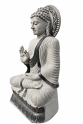 Hand-carved 5.9 ft Grand Meditating Buddha with Radiant Halo in natural Charnockite stone, product view 4 showing the sculpture and carved details.