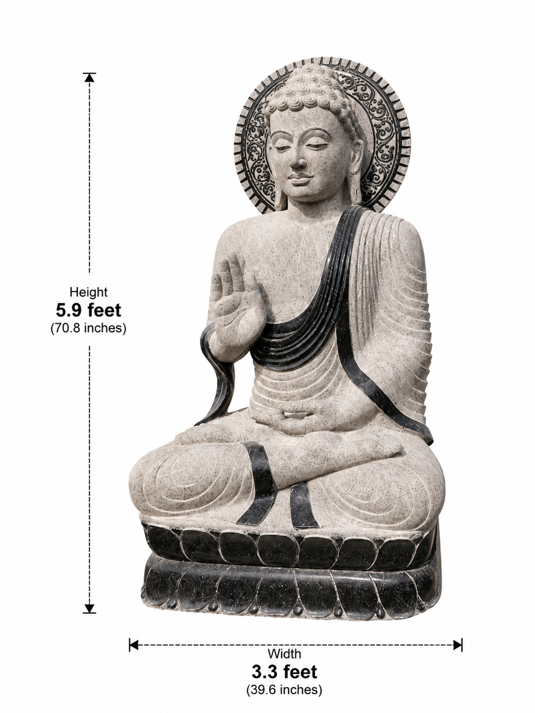 Hand-carved 5.9 ft Grand Meditating Buddha with Radiant Halo in natural Charnockite stone, product view 6 showing the sculpture and carved details.
