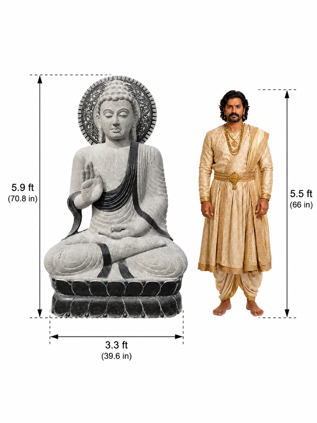Hand-carved 5.9 ft Grand Meditating Buddha with Radiant Halo in natural Charnockite stone, product view 7 showing the sculpture and carved details.