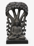 Hand-carved 5 ft Buddha under the Bodhi tree statue in natural stone, product view 1 highlighting the seated figure and tree canopy.