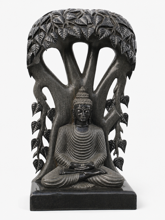 Hand-carved 5 ft Buddha under the Bodhi tree statue in natural stone, product view 1 highlighting the seated figure and tree canopy.