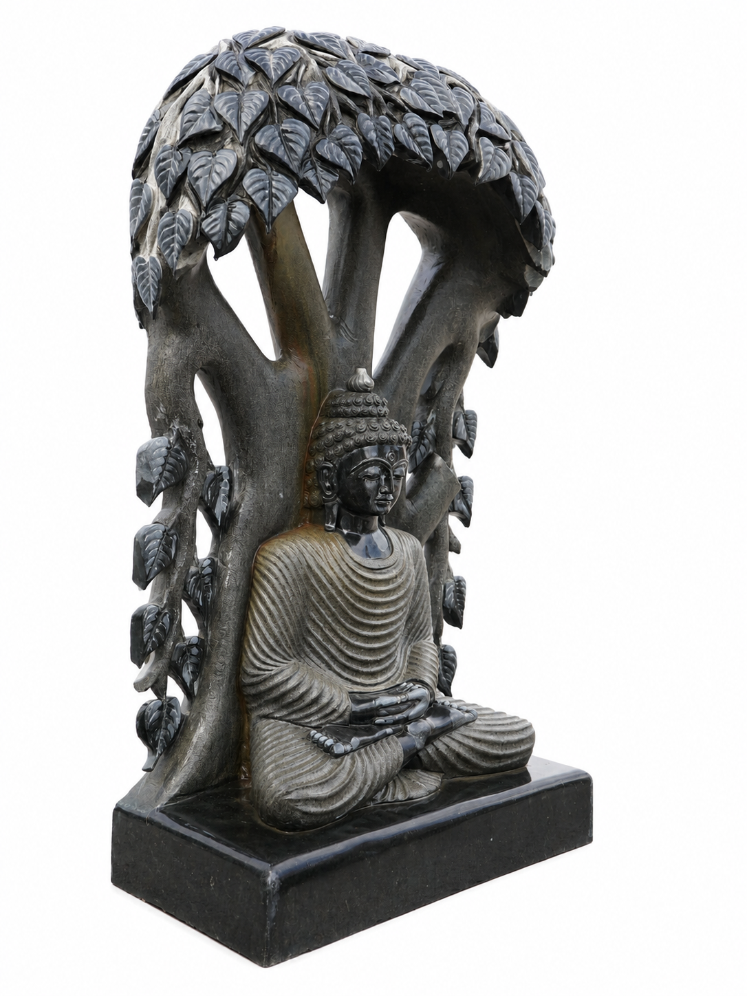 Hand-carved 5 ft Buddha under the Bodhi tree statue in natural stone, product view 3 highlighting the seated figure and tree canopy.