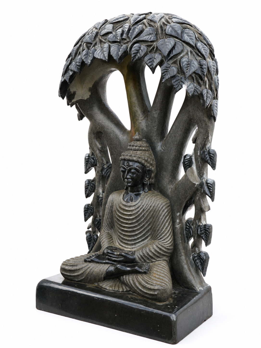 Hand-carved 5 ft Buddha under the Bodhi tree statue in natural stone, product view 4 highlighting the seated figure and tree canopy.