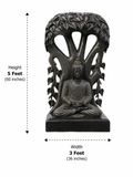 Hand-carved 5 ft Buddha under the Bodhi tree statue in natural stone, product view 5 highlighting the seated figure and tree canopy.