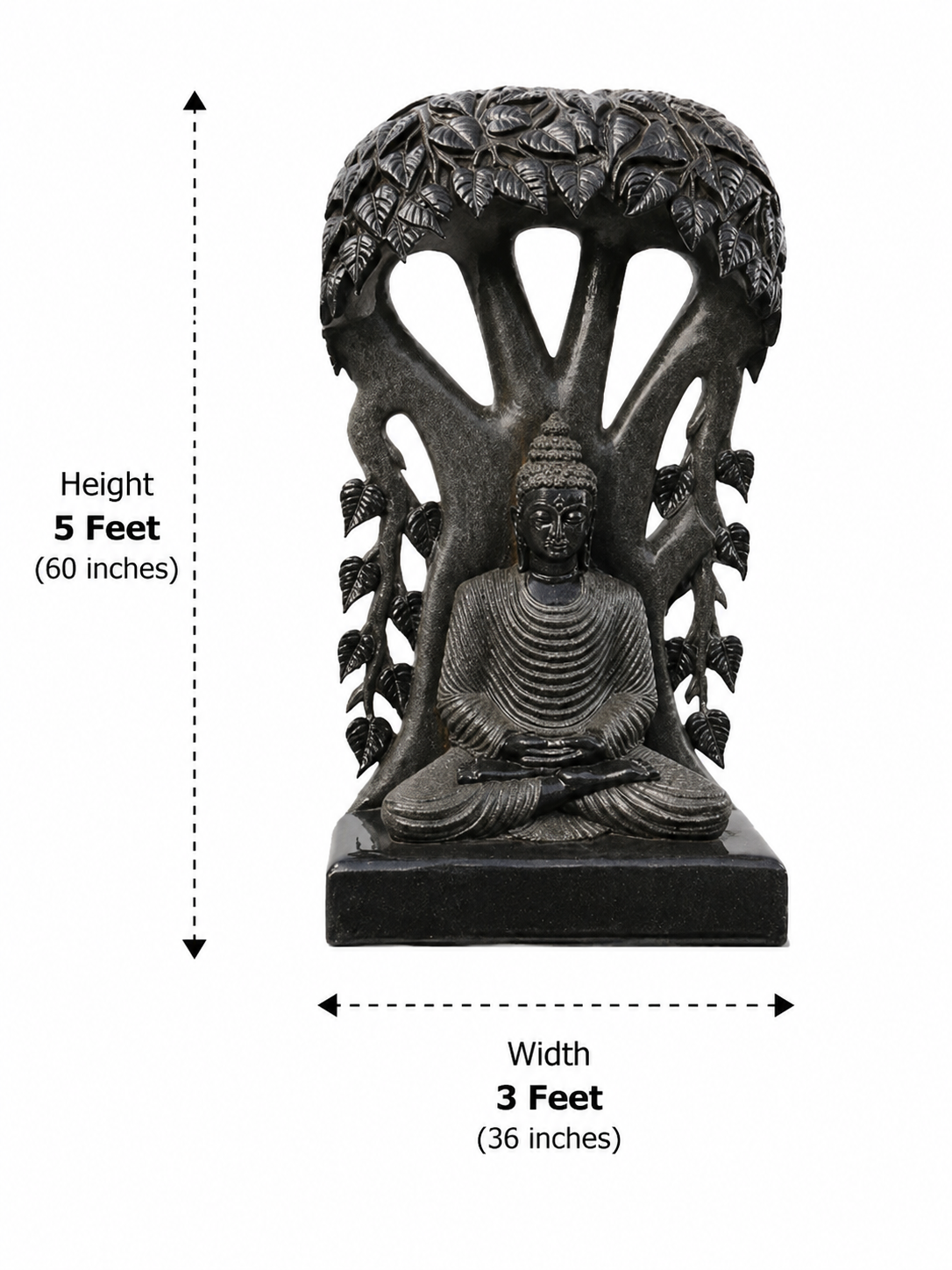 Hand-carved 5 ft Buddha under the Bodhi tree statue in natural stone, product view 5 highlighting the seated figure and tree canopy.