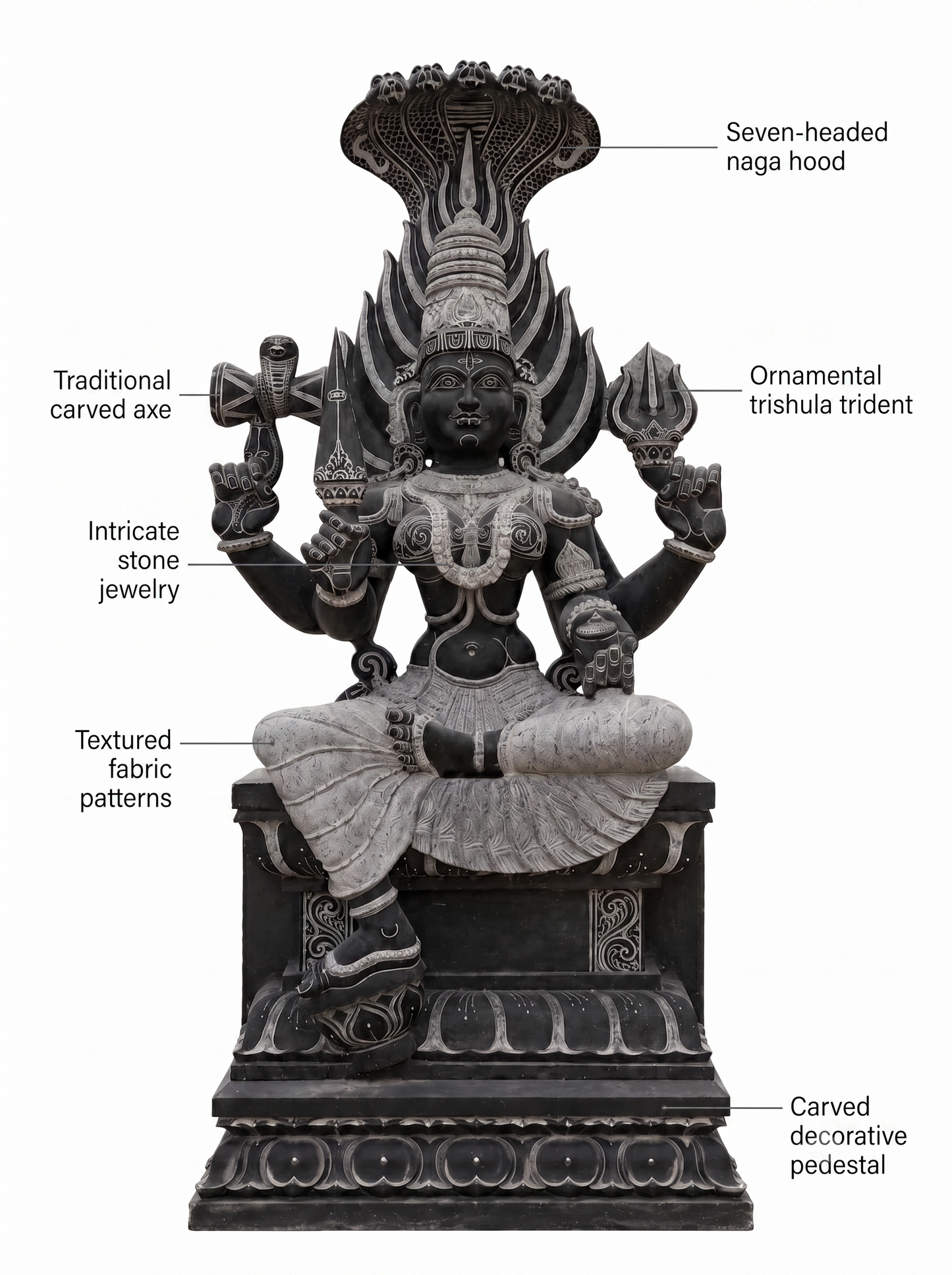 Hand-carved 5 ft Mariamman statue in natural stone, product view 2 highlighting the sculpture and carved details.