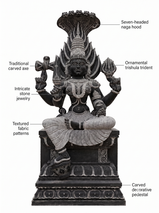 Hand-carved 5 ft Mariamman statue in natural stone, product view 2 highlighting the sculpture and carved details.