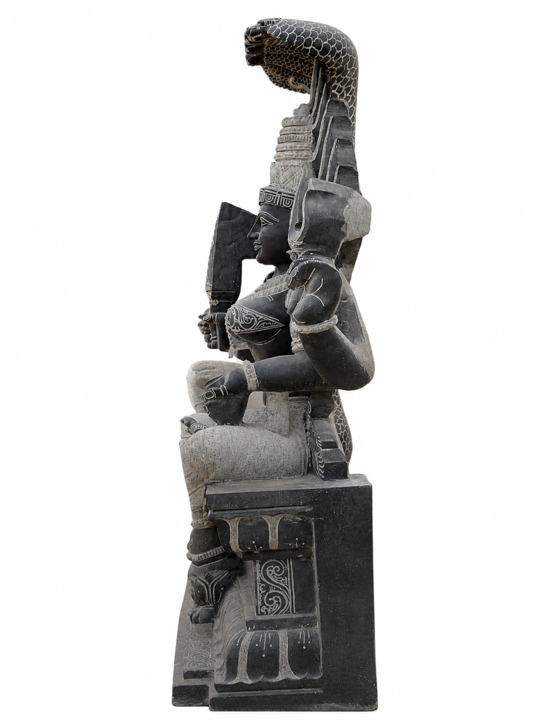 Hand-carved 5 ft Mariamman statue in natural stone, product view 3 highlighting the sculpture and carved details.