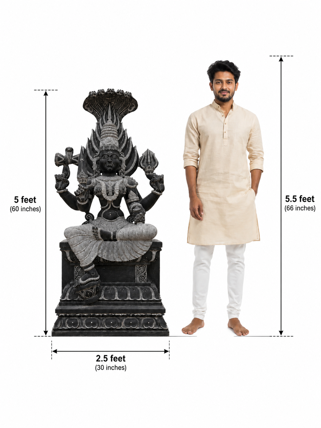 Hand-carved 5 ft Mariamman statue in natural stone, product view 6 highlighting the sculpture and carved details.