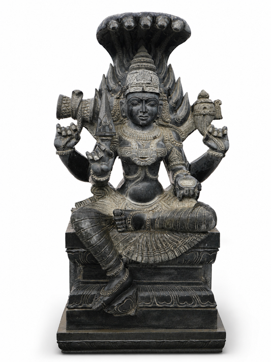 Hand-carved 5 ft Naga Mariamman statue in natural stone, product view 1 highlighting the goddess and serpent details.