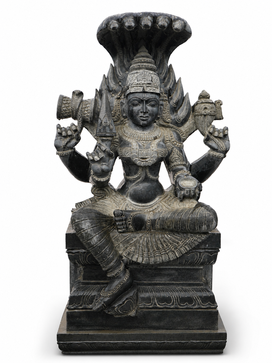 Hand-carved 5 ft Naga Mariamman statue in natural stone, product view 1 highlighting the goddess and serpent details.