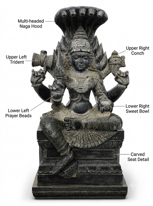 Hand-carved 5 ft Naga Mariamman statue in natural stone, product view 2 highlighting the goddess and serpent details.