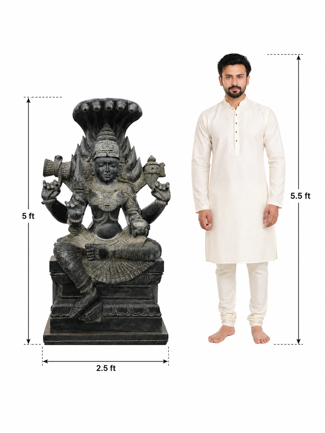 Hand-carved 5 ft Naga Mariamman statue in natural stone, product view 4 highlighting the goddess and serpent details.