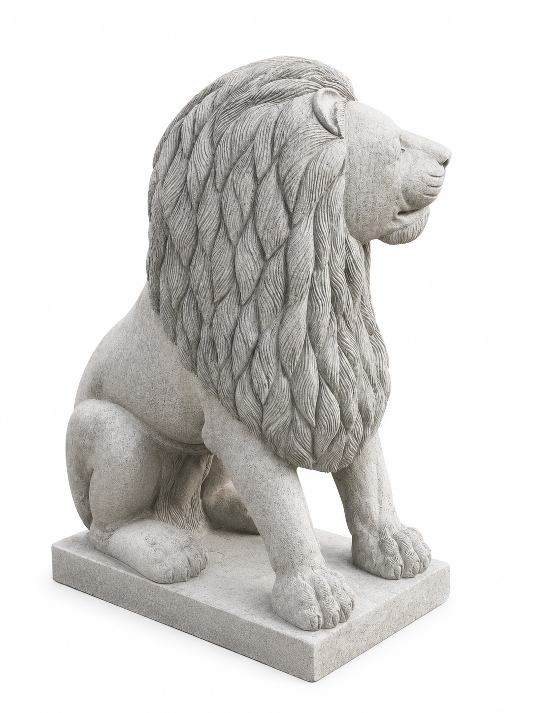 Hand-carved 5 ft Temple Guardian Lion Stone Statue in natural Charnockite stone, product view 4 showing the sculpture and carved details.