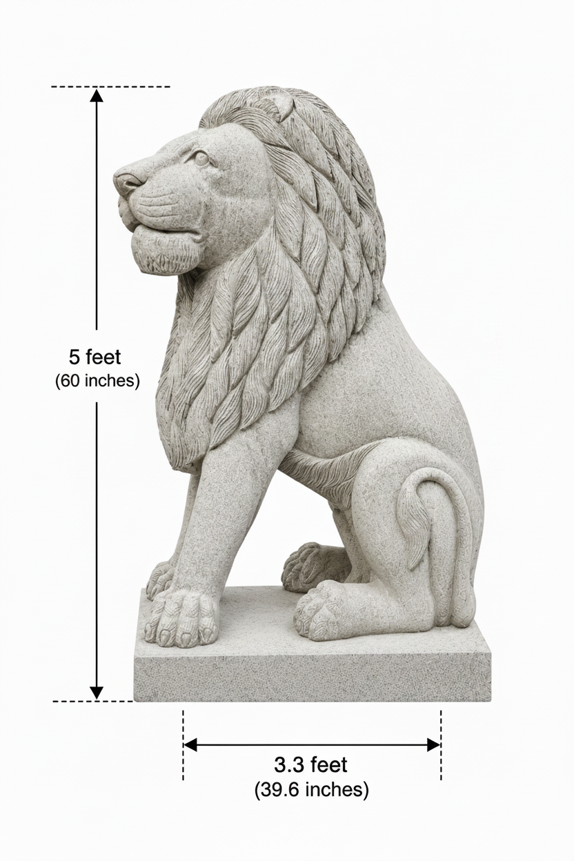 Hand-carved 5 ft Temple Guardian Lion Stone Statue in natural Charnockite stone, product view 6 showing the sculpture and carved details.