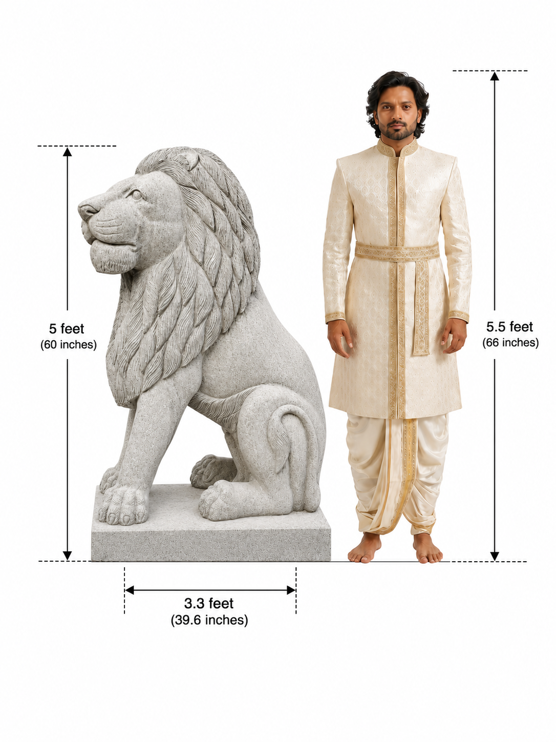 Hand-carved 5 ft Temple Guardian Lion Stone Statue in natural Charnockite stone, product view 7 showing the sculpture and carved details.