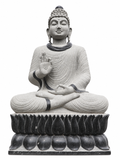 Hand-carved 6.3 ft Monumental Buddha on Lotus Throne Statue in natural Charnockite stone, product view 1 showing the sculpture and carved details.
