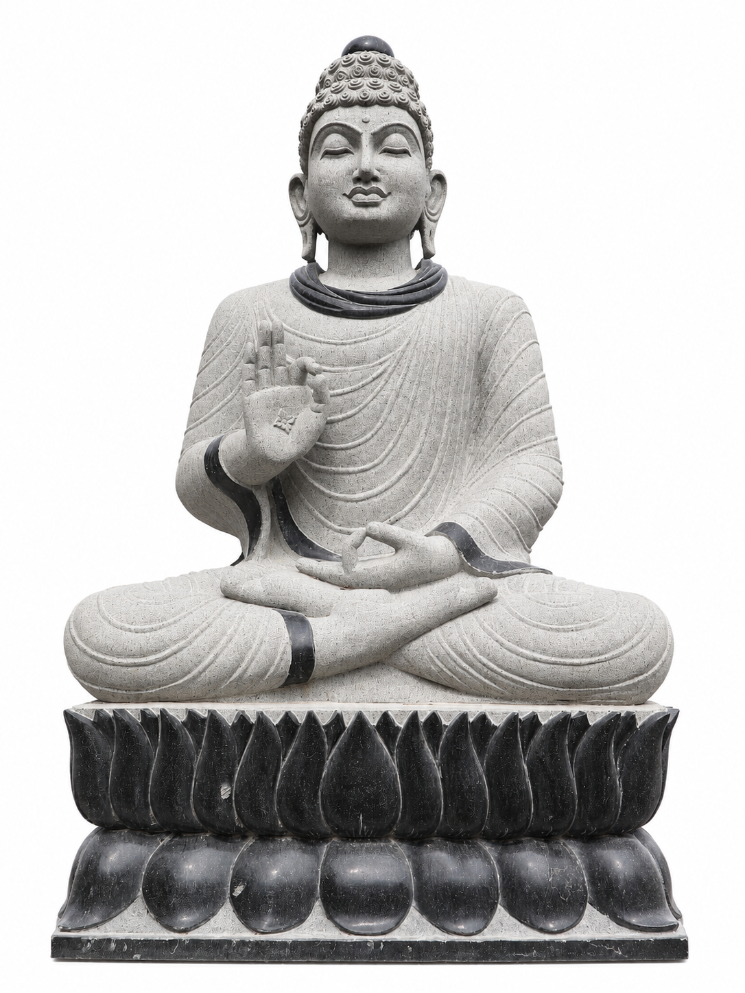 Hand-carved 6.3 ft Monumental Buddha on Lotus Throne Statue in natural Charnockite stone, product view 1 showing the sculpture and carved details.