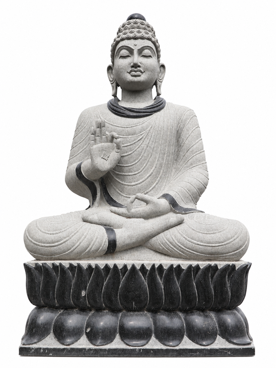Hand-carved 6.3 ft Monumental Buddha on Lotus Throne Statue in natural Charnockite stone, product view 1 showing the sculpture and carved details.