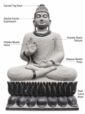 Hand-carved 6.3 ft Monumental Buddha on Lotus Throne Statue in natural Charnockite stone, product view 2 showing the sculpture and carved details.