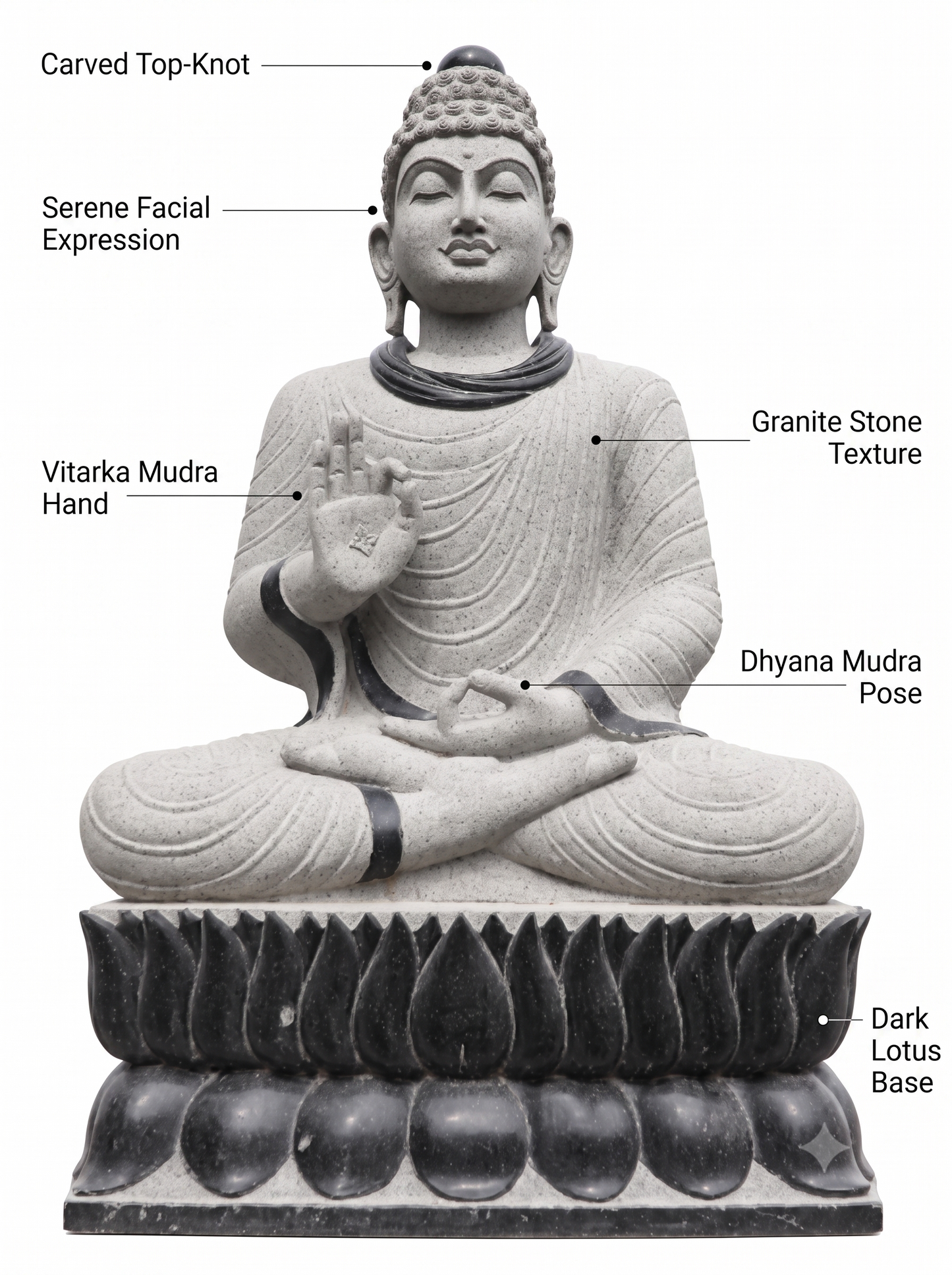 Hand-carved 6.3 ft Monumental Buddha on Lotus Throne Statue in natural Charnockite stone, product view 2 showing the sculpture and carved details.