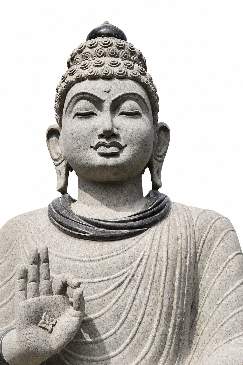 Hand-carved 6.3 ft Monumental Buddha on Lotus Throne Statue in natural Charnockite stone, product view 3 showing the sculpture and carved details.