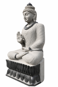 Hand-carved 6.3 ft Monumental Buddha on Lotus Throne Statue in natural Charnockite stone, product view 4 showing the sculpture and carved details.