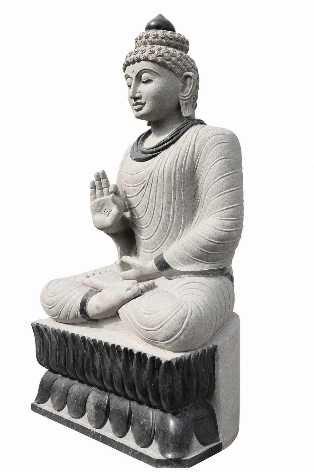 Hand-carved 6.3 ft Monumental Buddha on Lotus Throne Statue in natural Charnockite stone, product view 4 showing the sculpture and carved details.