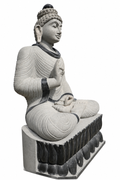 Hand-carved 6.3 ft Monumental Buddha on Lotus Throne Statue in natural Charnockite stone, product view 5 showing the sculpture and carved details.