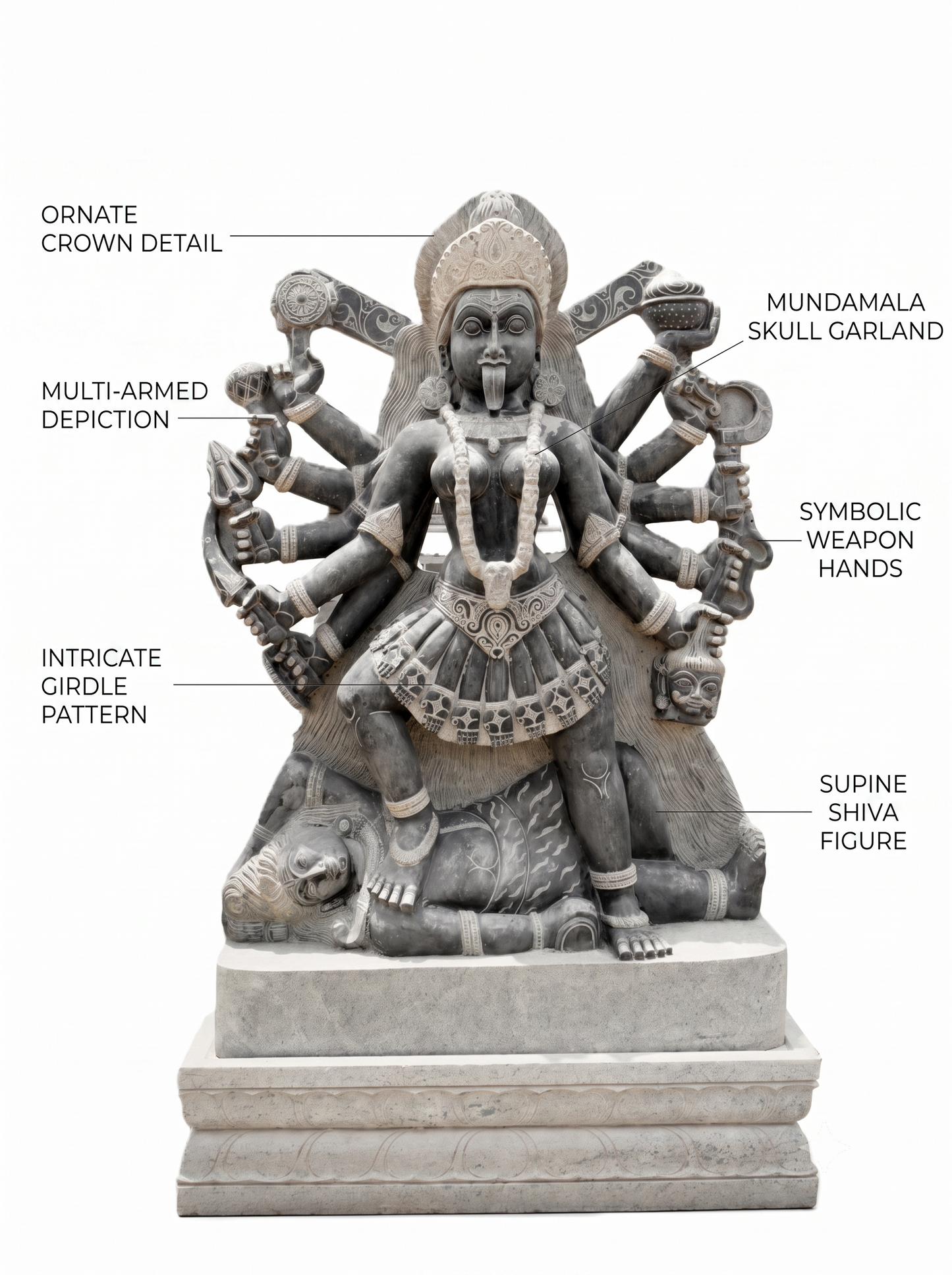 Hand-carved 6 ft Bhadrakali statue in natural stone, product view 2 highlighting the sculpture and carved details.