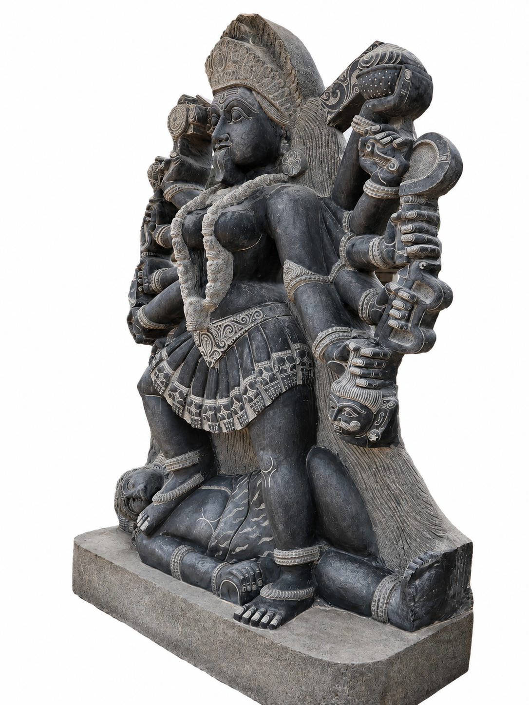 Hand-carved 6 ft Bhadrakali statue in natural stone, product view 3 highlighting the sculpture and carved details.